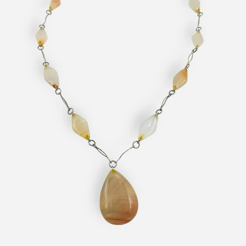 Artisan‎ Peach Beige Striped Agate Teardrop Pendant Necklace Silver Links 25.5